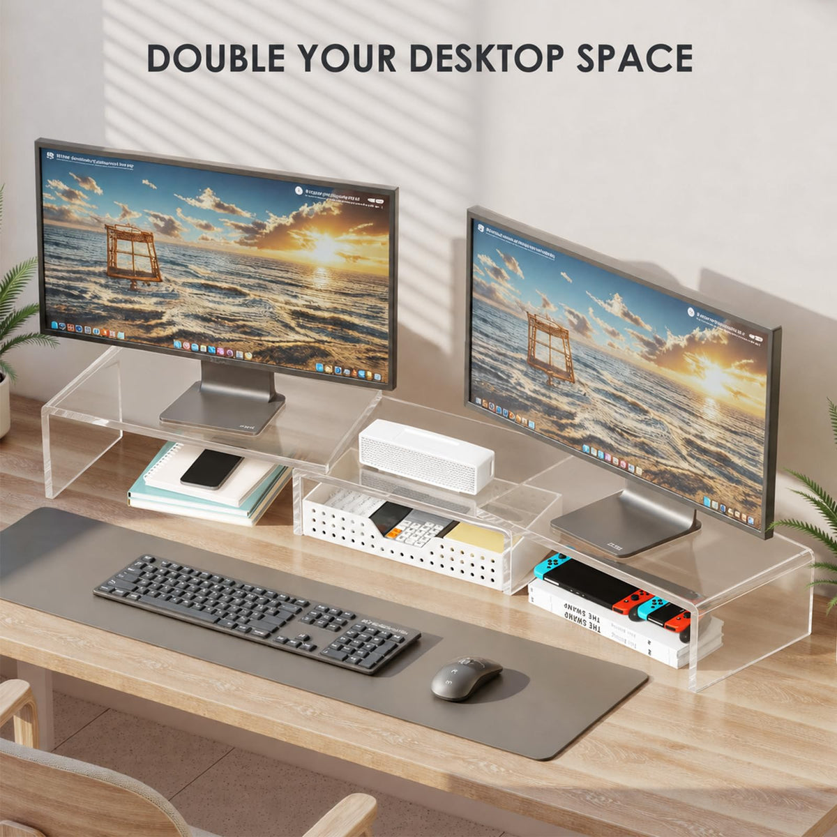 OPNICE Clear Acrylic Desk Organizers and Accessories, Dual Monitor Stand Riser with Drawer and 2