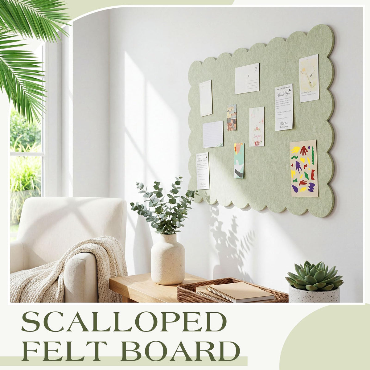 Mooliwe Scalloped Felt Bulletin Cork Board Foldable Sage Green 24 * 18 Inch