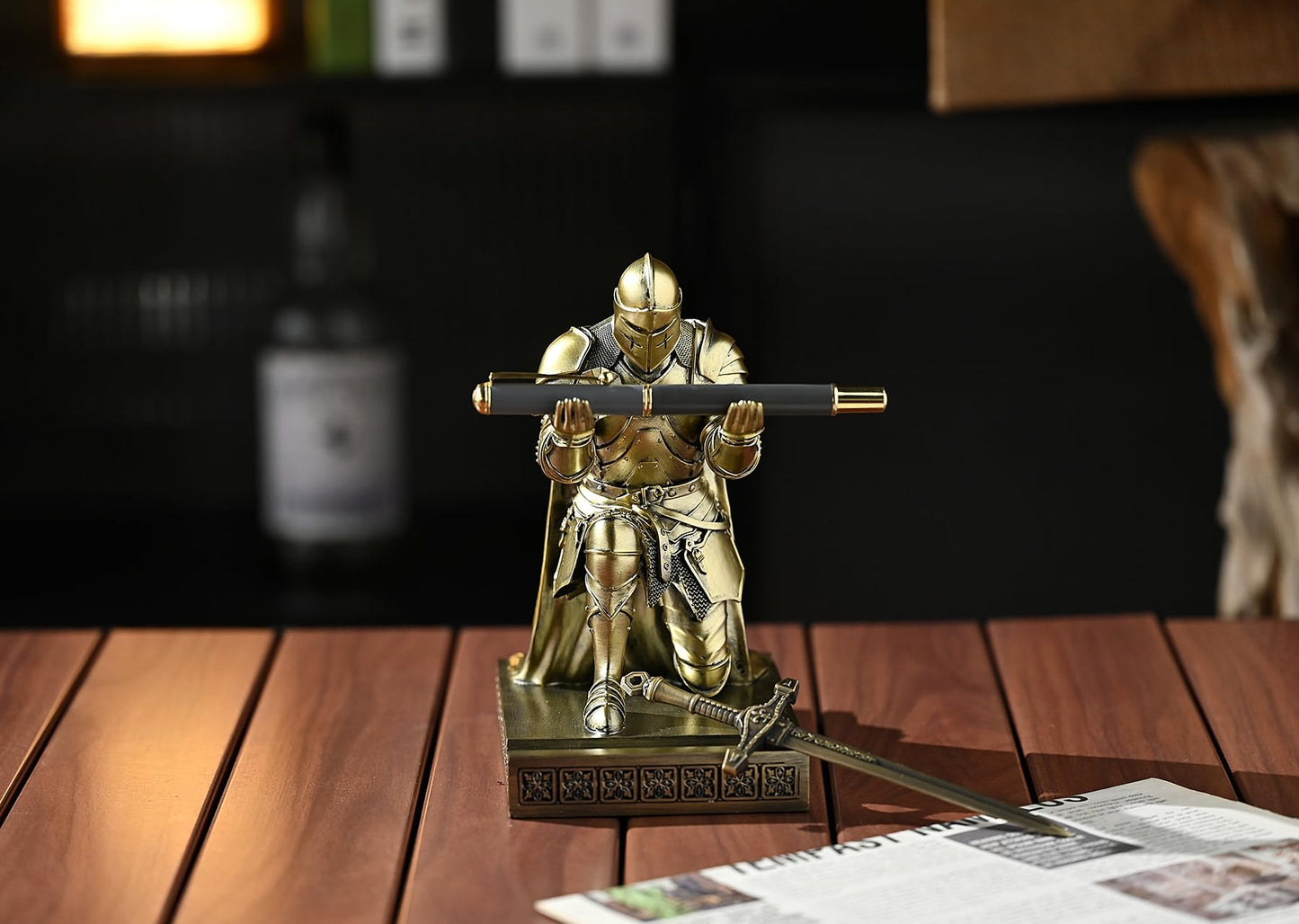 Medieval Armored Knight Pen Holder Figurine Paperweight Phone Stand Bronze