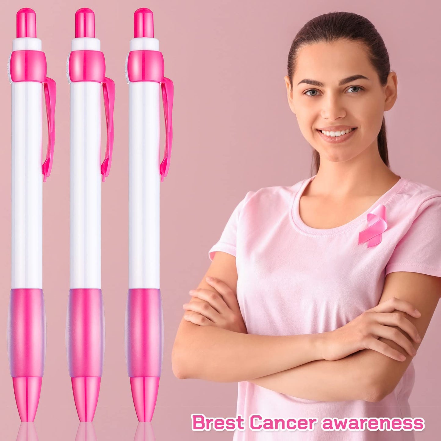 Yexiya 100 Pcs Breast Cancer Awareness Pen Pink Ribbon Pen Bulk, Black Ink