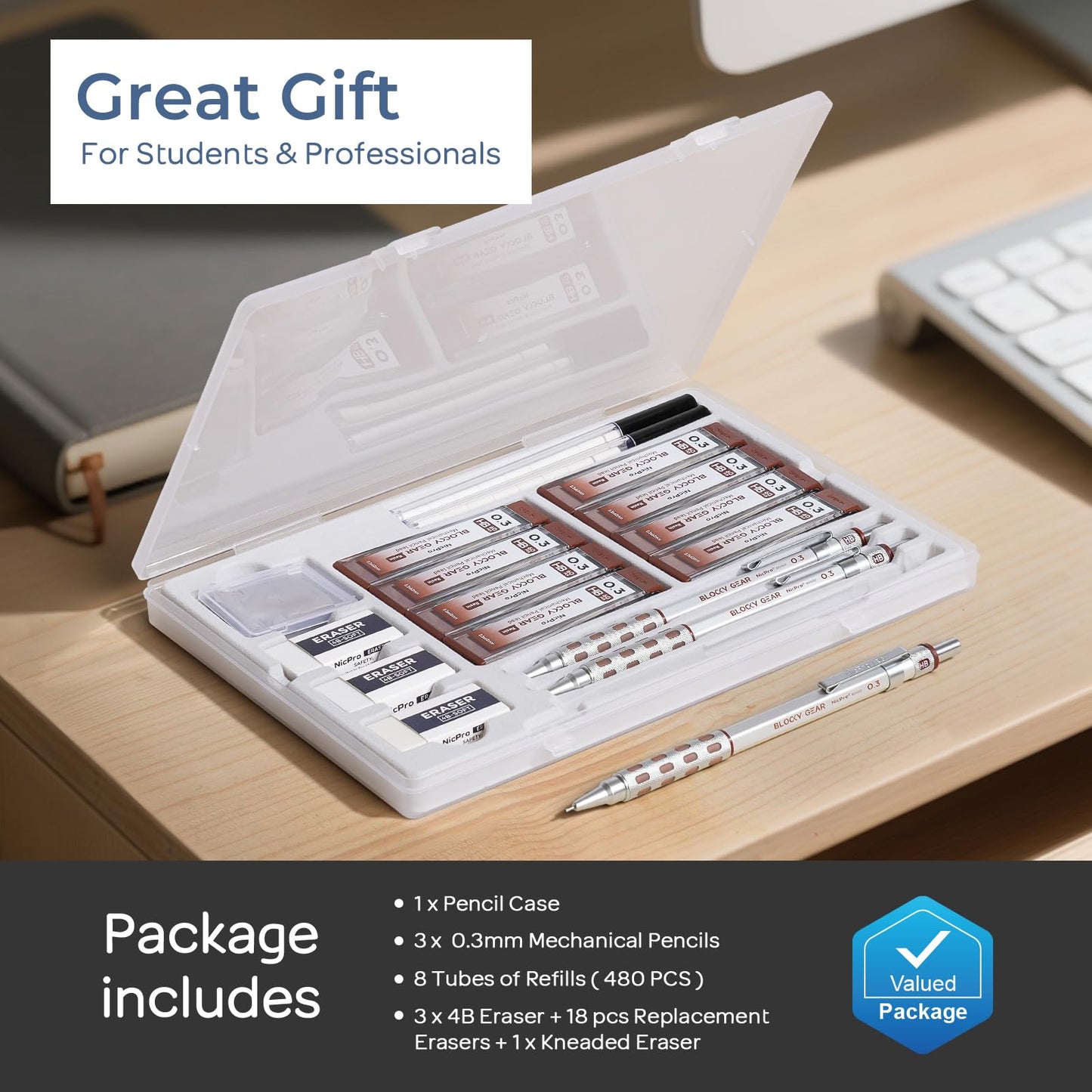 Nicpro 3 Pack Blocky Gear 0.3 mm Metal Mechanical Pencils Set with Case