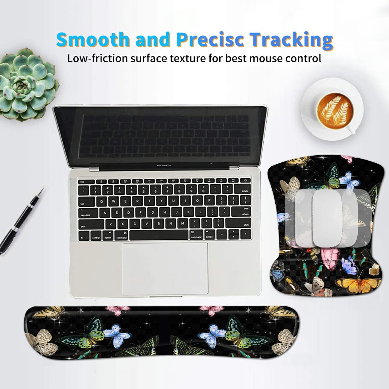 3Pcs Ergonomic Memory Foam Keyboard Wrist Rest Pad Set, Glitter Butterfly
