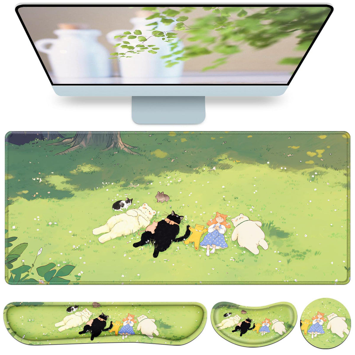 Desk Mat, Large Gaming Mouse Pad with Wrist Rest, 4in1 XXL Mousepad+Keyboard Wrist Rest+Mouse Pad