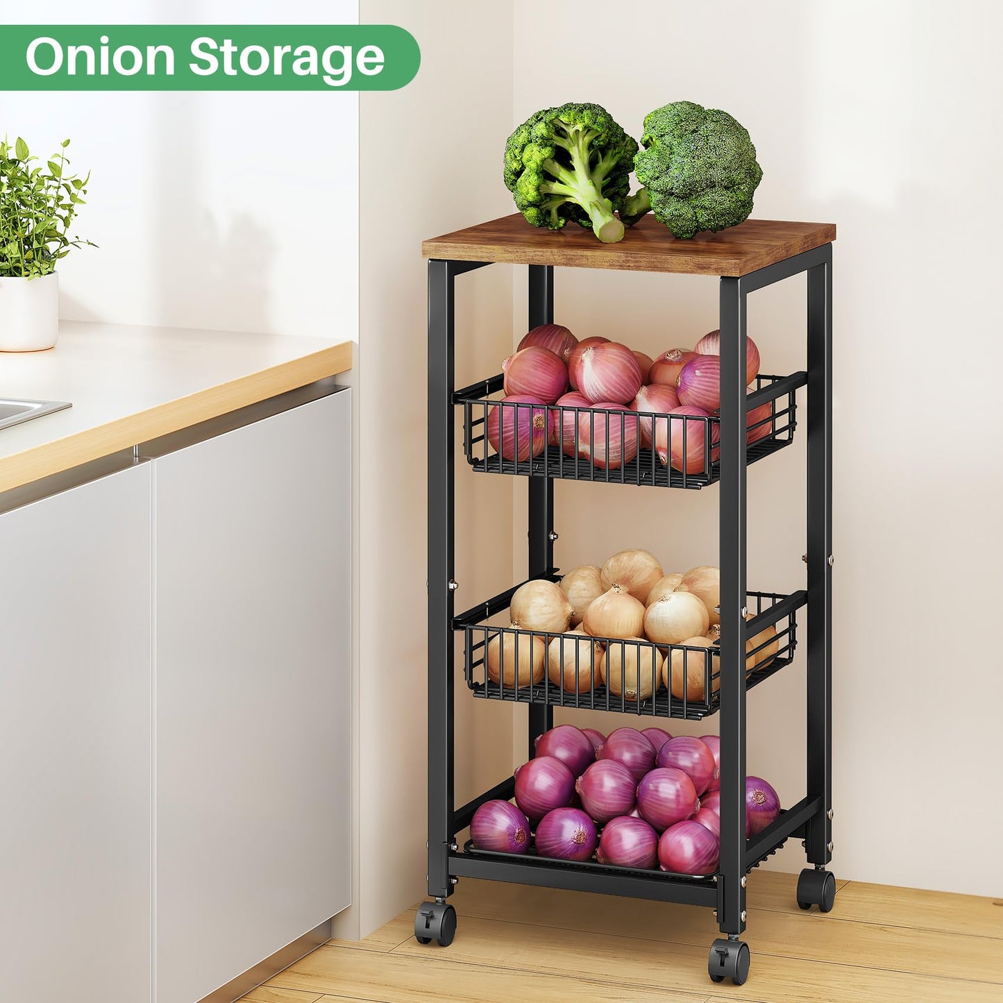 SNTD Fruit Basket Stand for Kitchen with Pull Out Vegetable Baskets, Black
