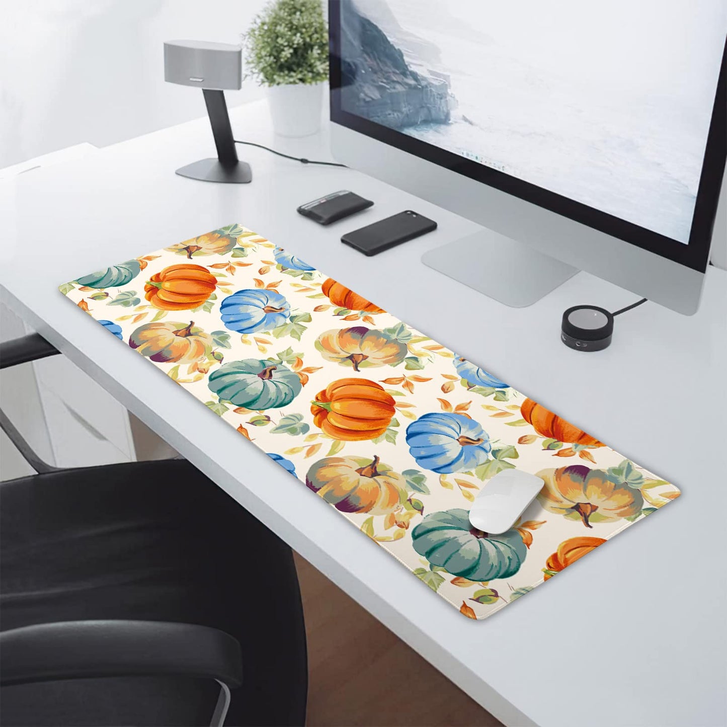 Watercolor Fall Pumpkins Gaming Mouse Pad XL Autumn Leaves Extended Big Large Desk Mat Non-Slip