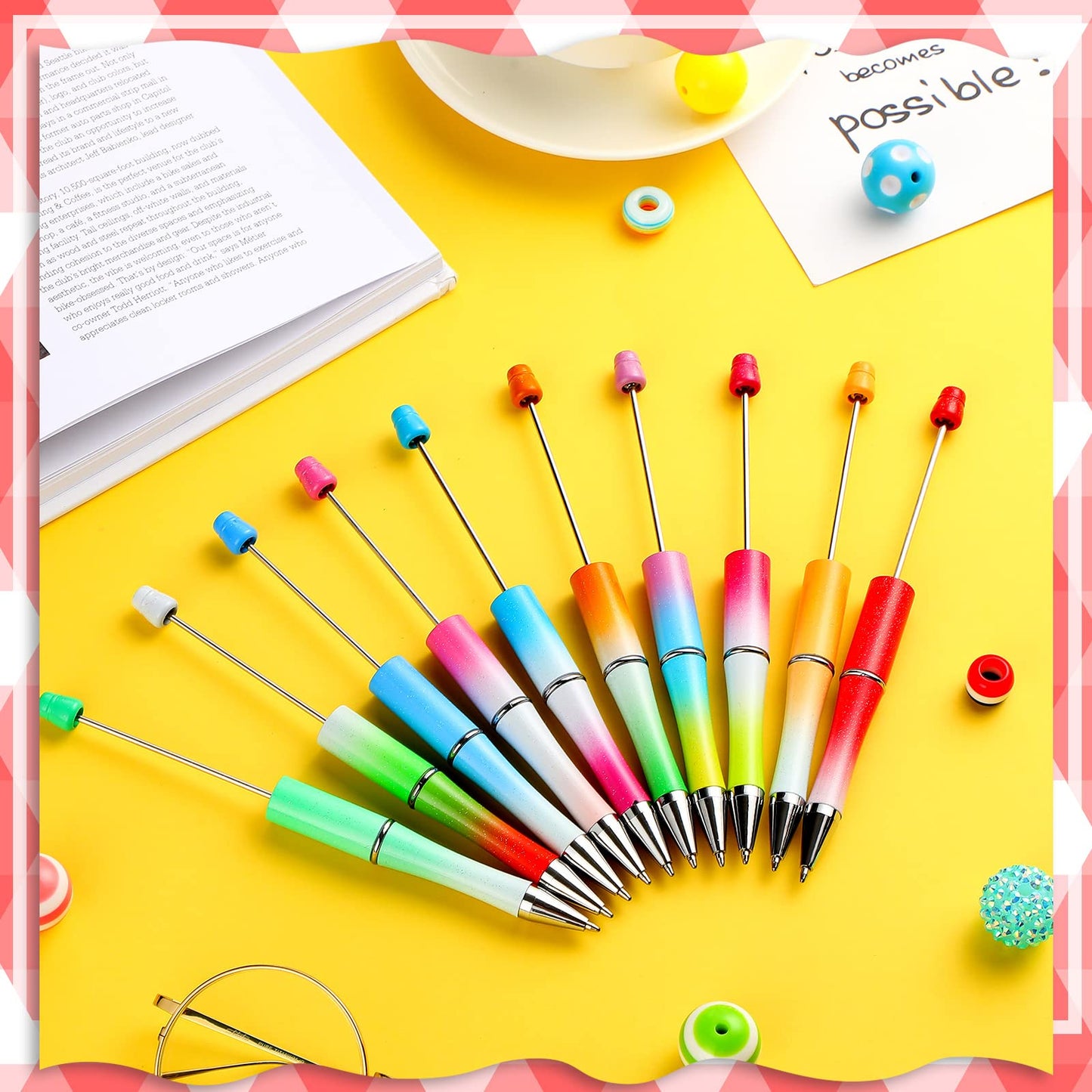 Crtiin 100 Pcs Beadable Pen School DIY Kit,Candy Gradient Color