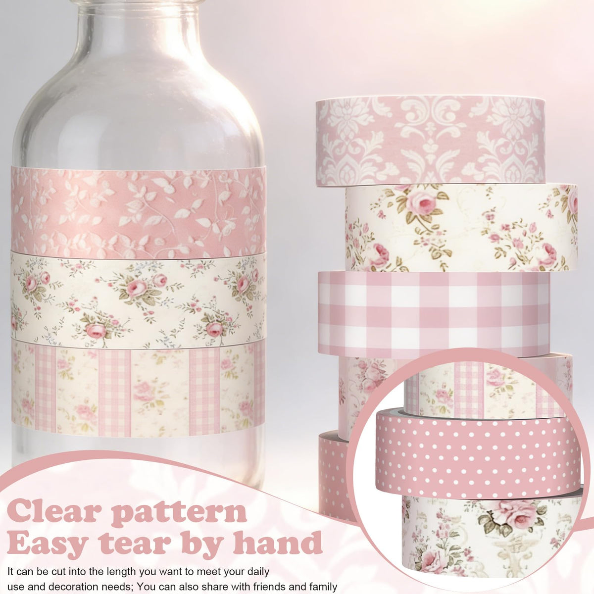 YooNotee 12 Rolls Floral Washi Tape Set,Light Pink,Polka Dots and Floral