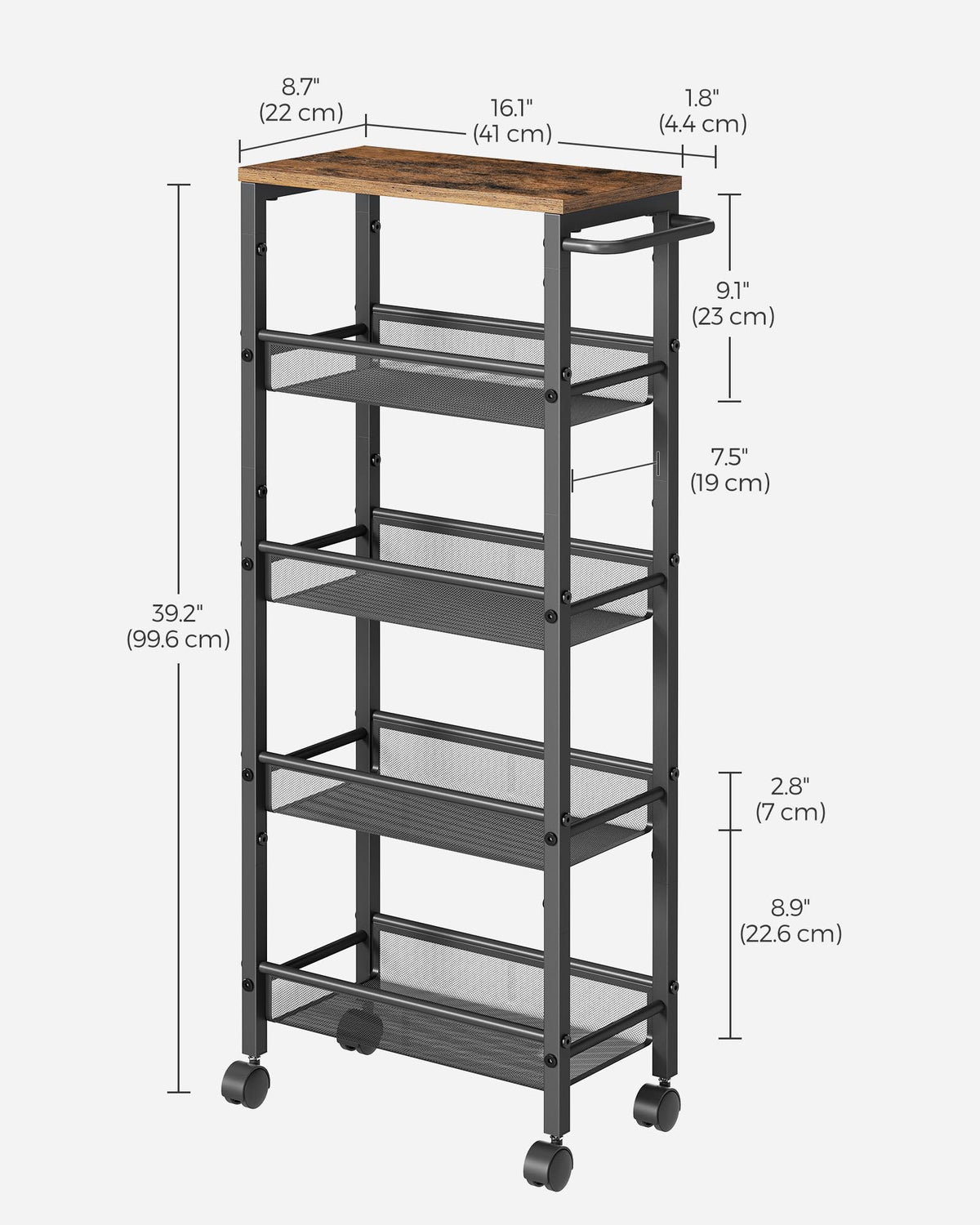 VASAGLE 5-Tier Slim Rolling Storage cart with Wheels, 8.7 Inches, Metal