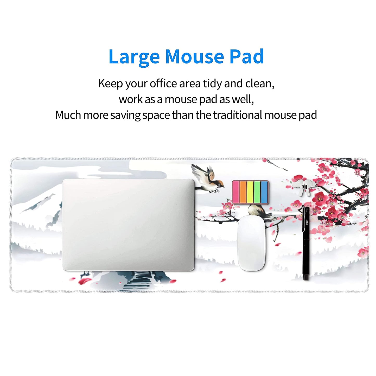 Japanese Pagoda Cherry Blossom Gaming Mouse Pad XL Birds Sakura Branch Mountain Extended Large Desk