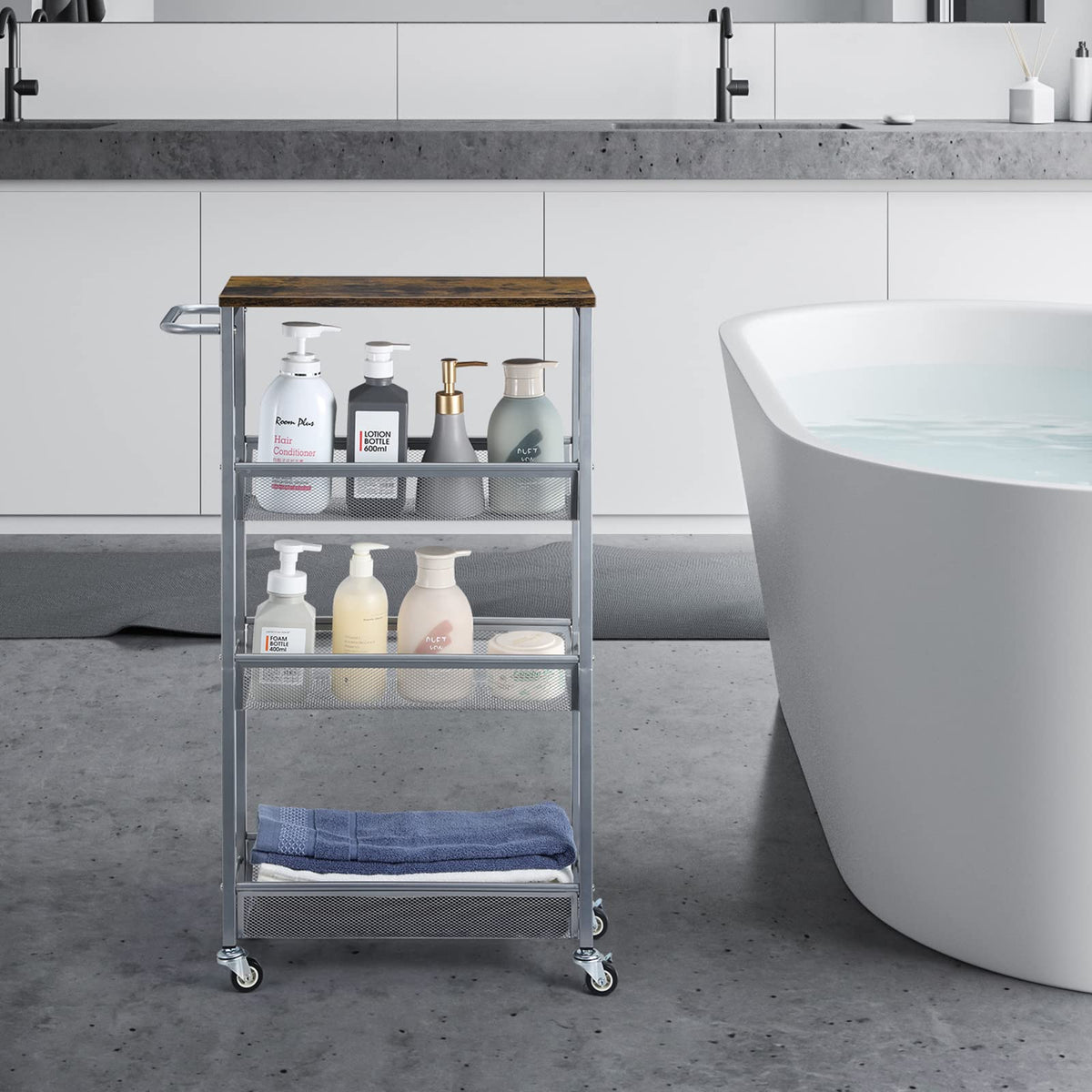 Slim Storage Cart, Metal Narrow Rolling Storage Cart for Kitchen, Silver