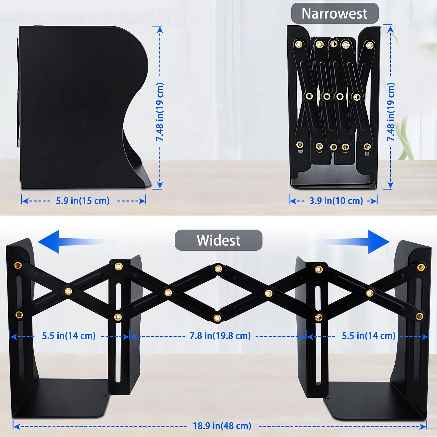 Non Skid Book Ends to Hold Books, Carooyac Metal Adjustable Book Ends Decorative Bookends for Home