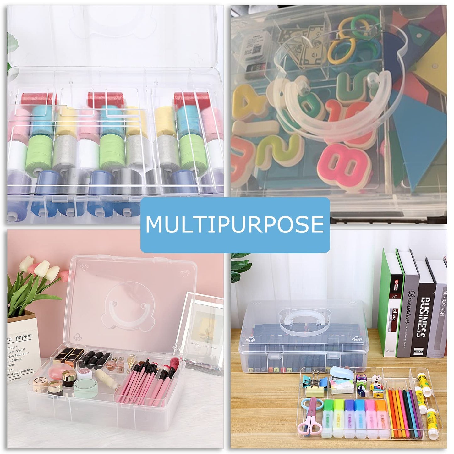 BTSKY 2-Tier Cute Bear Storage Box with Removable Divided Tray Portable Clear Plastic Art Craft
