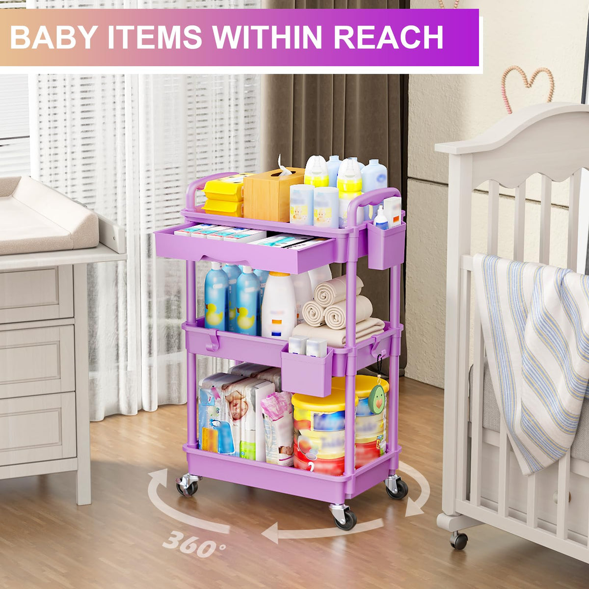 Goovilla 3 Tier Rolling Utility Cart Organizer with Removable Drawer,Purple