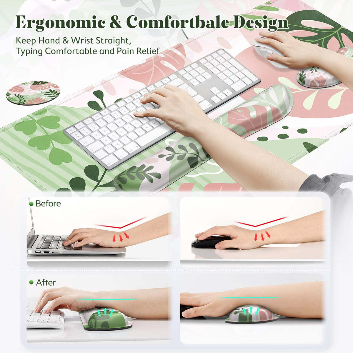 Gimars 4 in 1 Mouse Pad and Keyboard Wrist Rest Set, Large Mouse Pad with Memory Foam Wrist Support