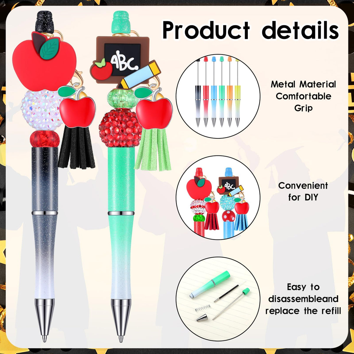Jutom 12 Pcs Teacher Beadable Pens with 50 Colorful Beads 12 Tassels 12 Pendants Silicone Focal