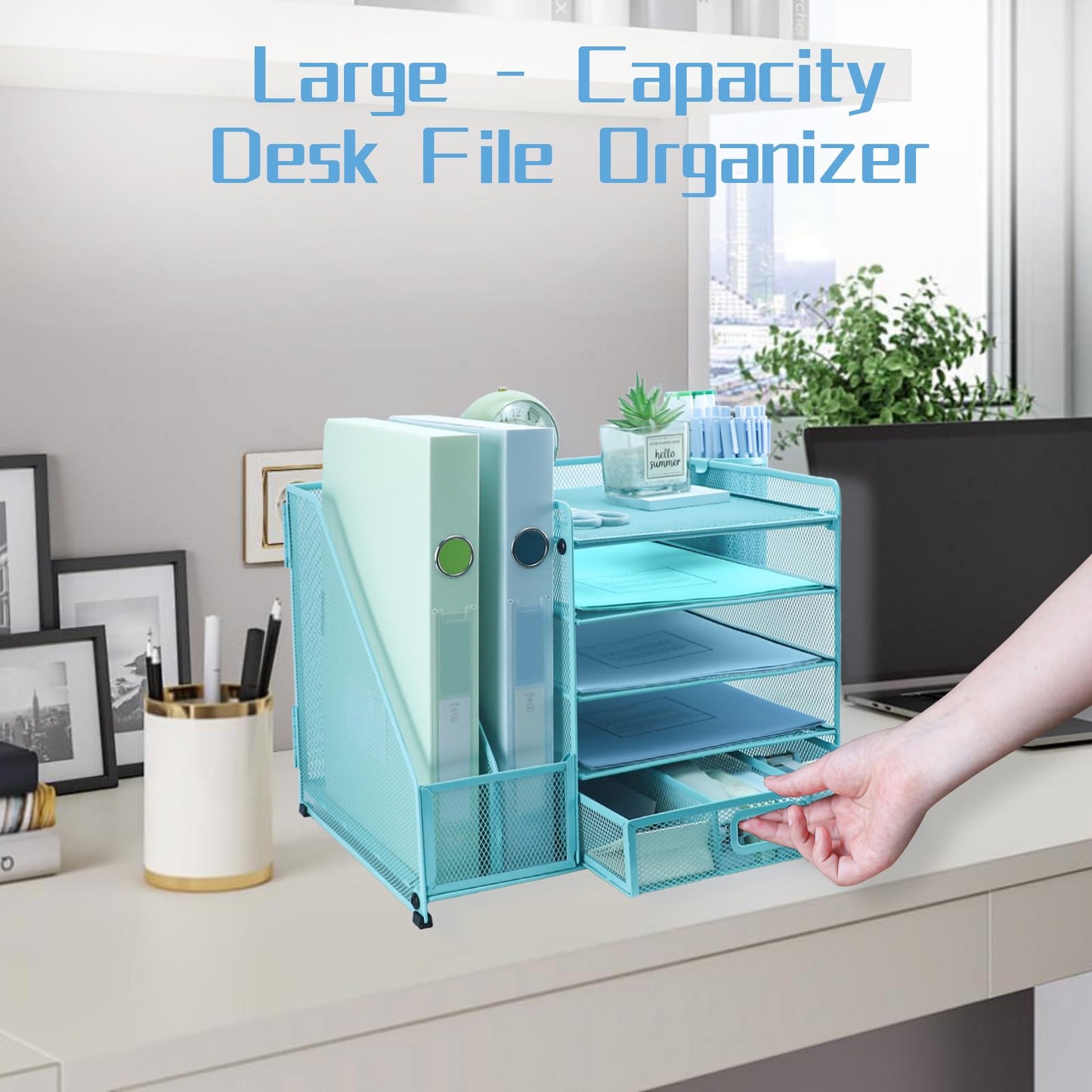 ideallife Desk Organiser with 2 Pack Magazine File Holder, 5-Tier Paper Tray Organiser with Drawer