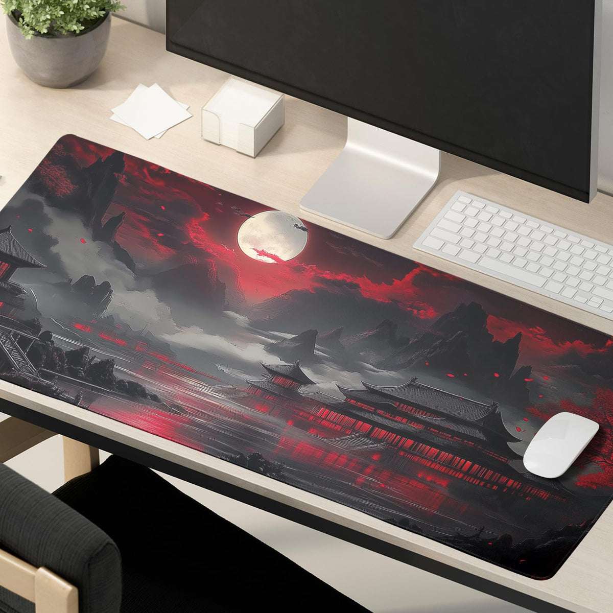 Japanese Mouse Pad Large Riverside Full Moon Desk Mat Black Red Mouse Pad Gaming 35.4"x15.7" Long