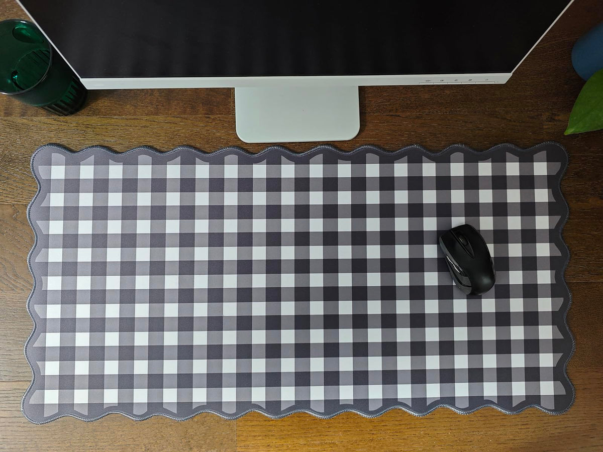 ohisxiacy Scalloped Black Desk Mat Checkered Gingham Cute XXL Large Gaming Mouse Pad Kawaii