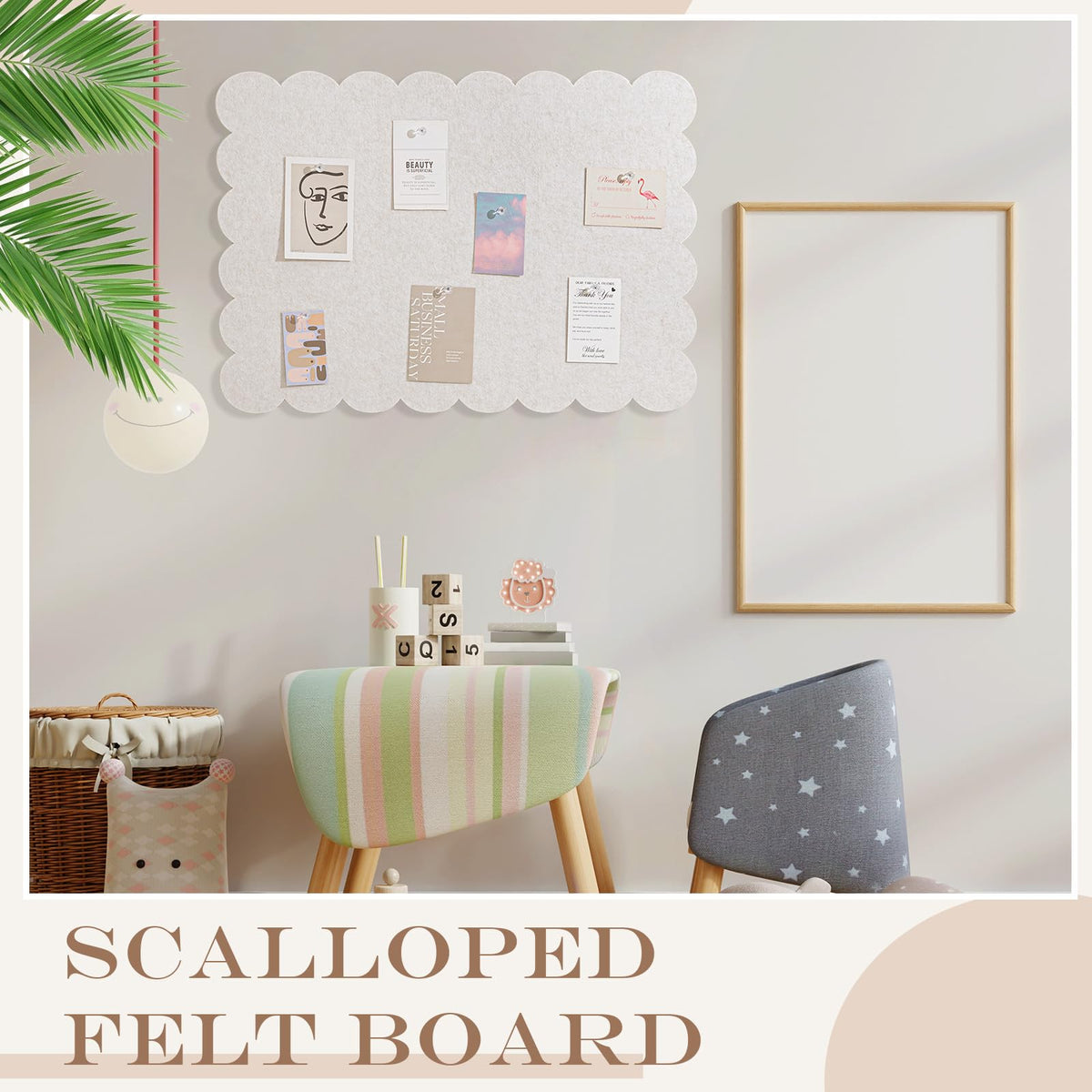 Mooliwe Scalloped Felt Bulletin Cork Board Foldable Beige 36 * 24 Inch