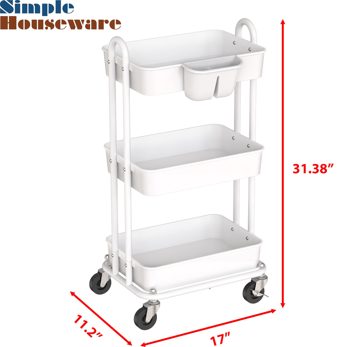Simple Houseware 3-Tier Rolling Utility Cart with Hanging Bucket, White