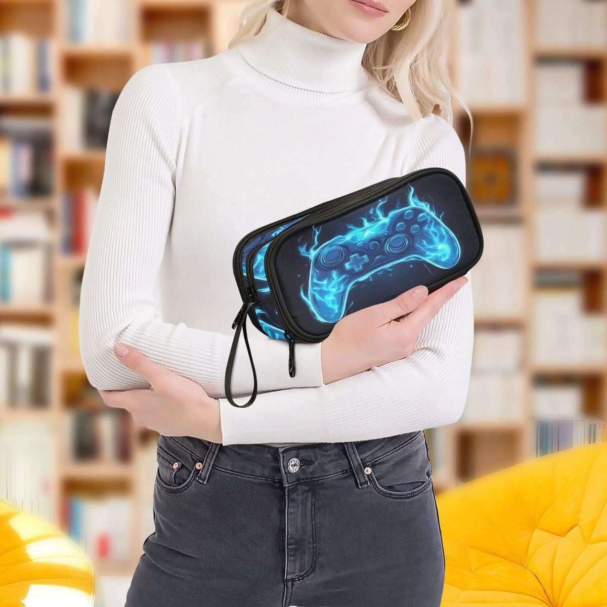 BOENLE Joystick Gamepad Blue Flame Pencil Case Box Boys Girls Large Pencil Pouch with Zipper