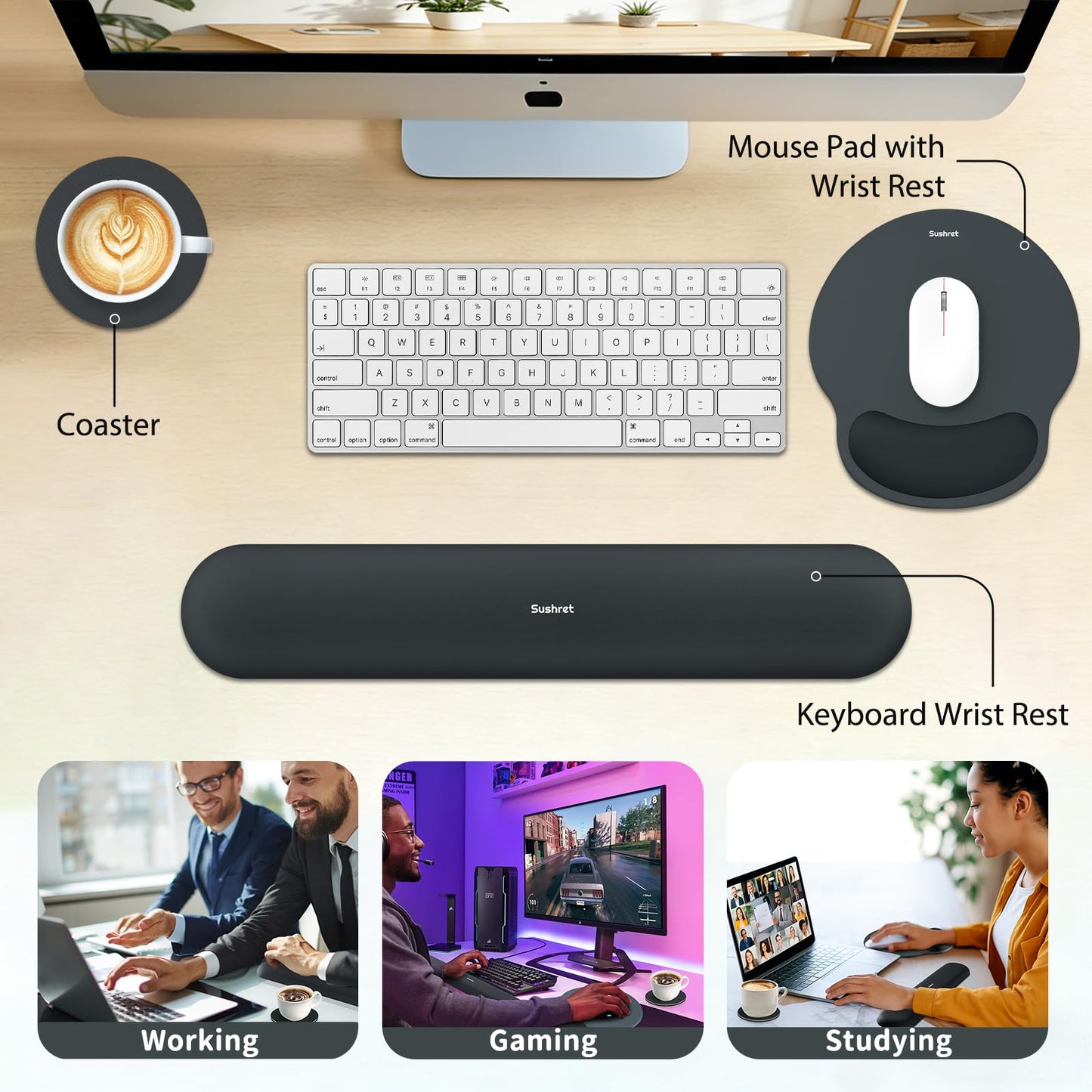 Sushret Mouse Pad and Keyboard Wrist Rest, 3-in-1 Gel Memory Foam Ergonomic Mouse Pad with Wrist