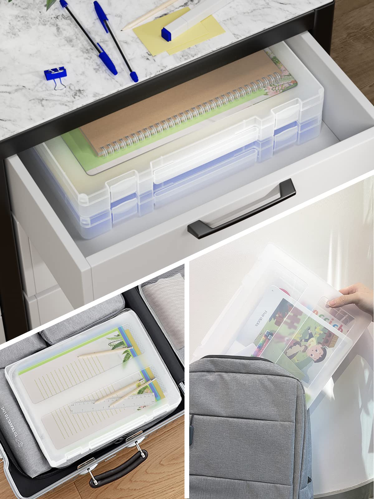 Denkee Large Paper Storage Box, 4 Pack Plastic Scrapbook Paper Storage Organizer with Handle for