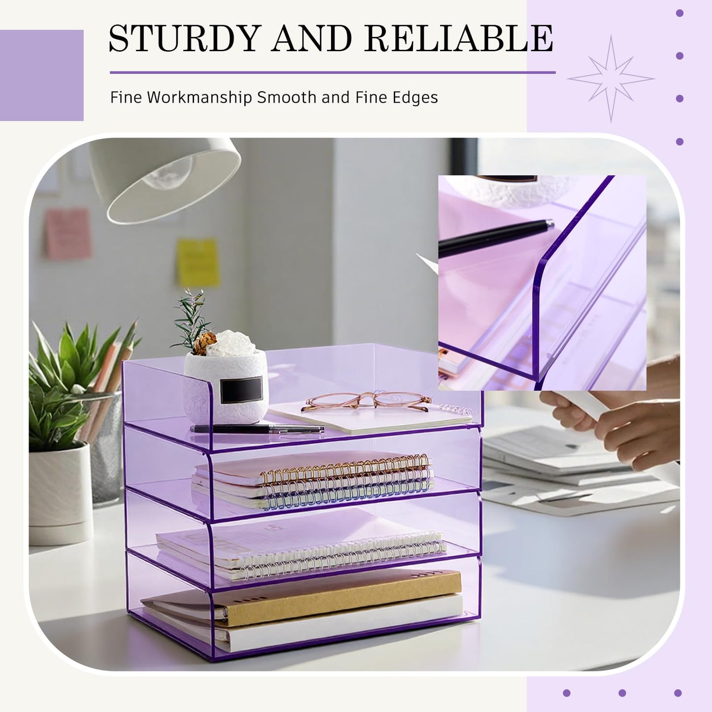 Harloon 4 Tier Paper Organizer Clear Purple Letter Tray Acrylic File Tray