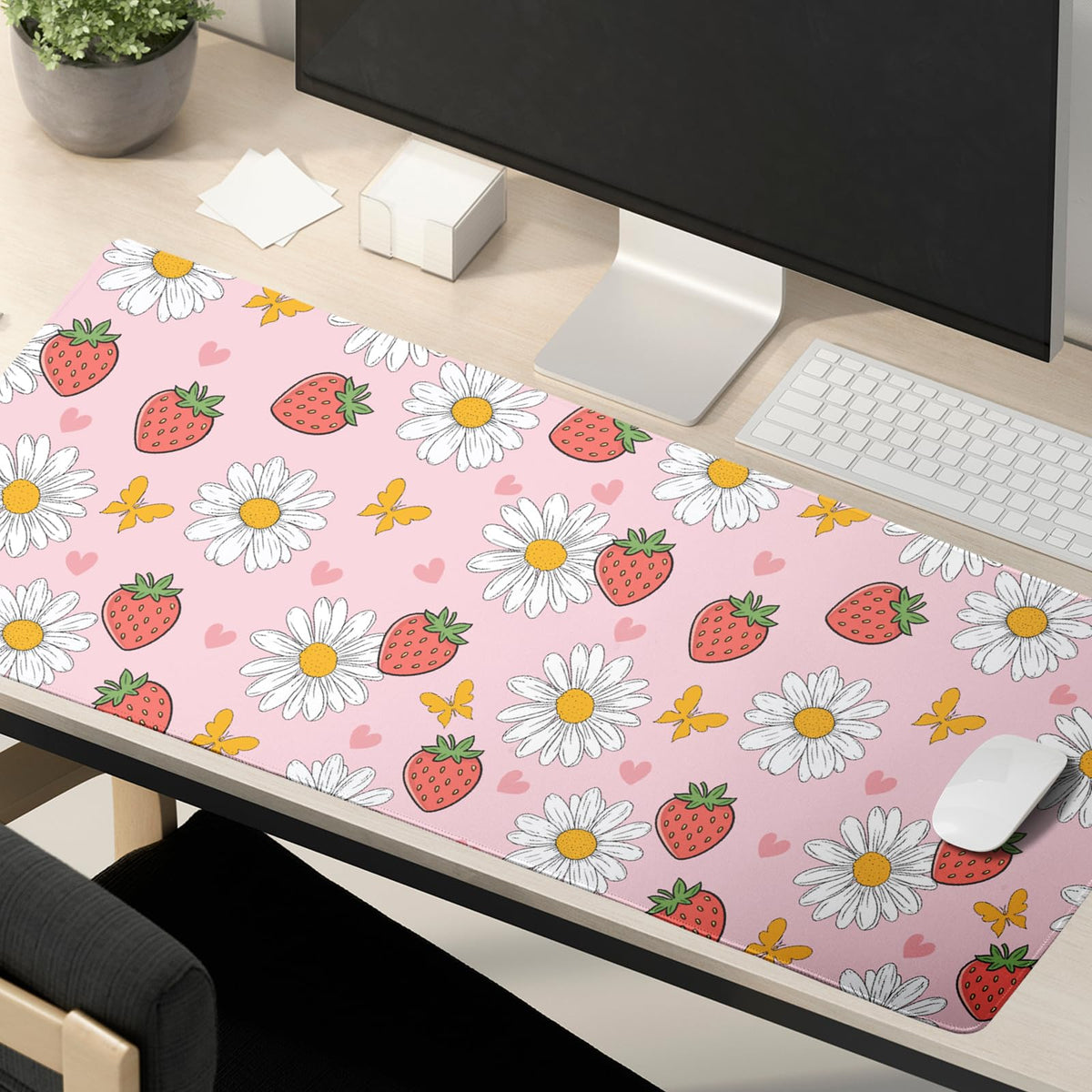 Strawberry Mouse Pad Pink Cute Desk Mat Large Gaming Mousepad Pink Keyboard Pad 31.5x11.8in
