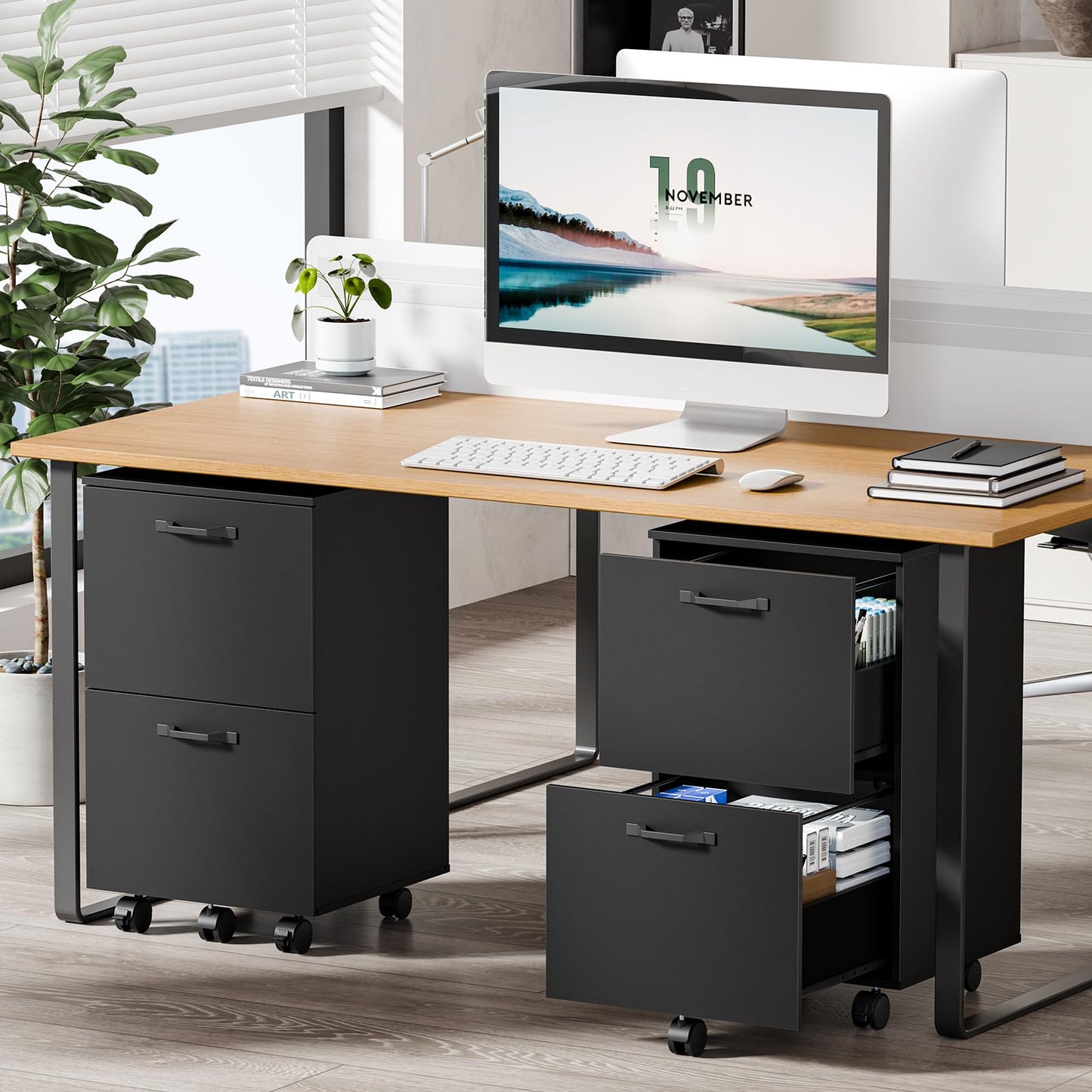 DUMOS 2 Drawer Storage Cabinet, Rolling Under Desk Storage, Black