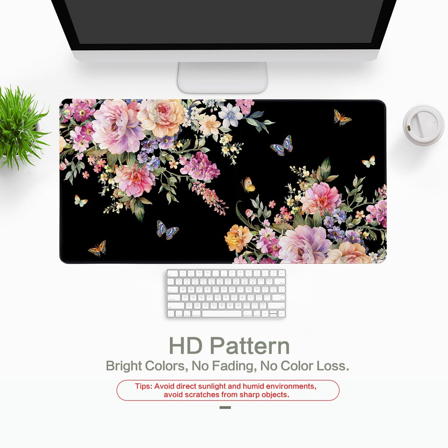 Pink Flower Desk Mat Mouse Pad Waterproof, Butterfly Floral XXL Extended Large Gaming Desk Pad