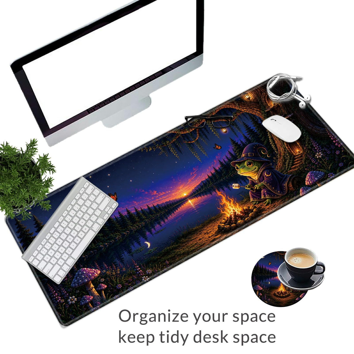 Frog Campfire Night Large Mouse Pad, 31.5 x 11.8 in Extended Desk Mat