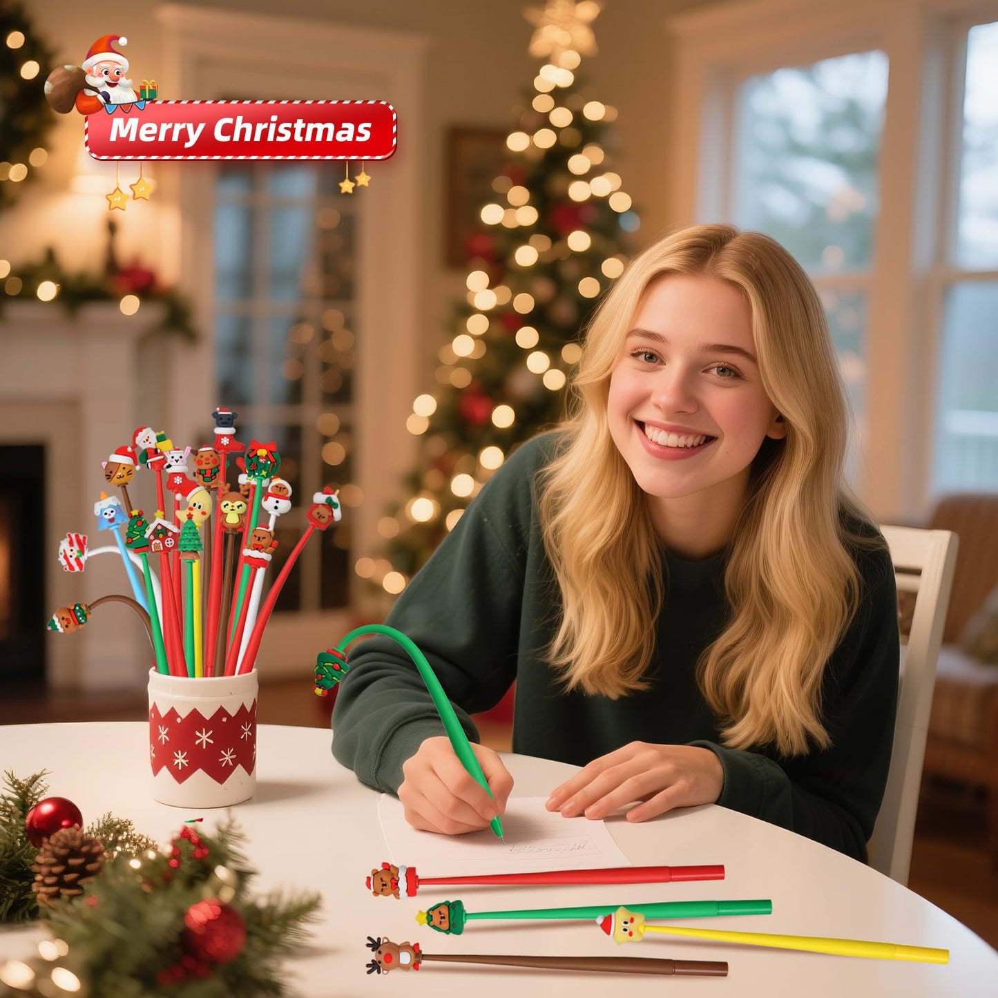 SANNIX Christmas Cartoon Squishy Pens, 50Pcs Funny Christmas Tree Snowman