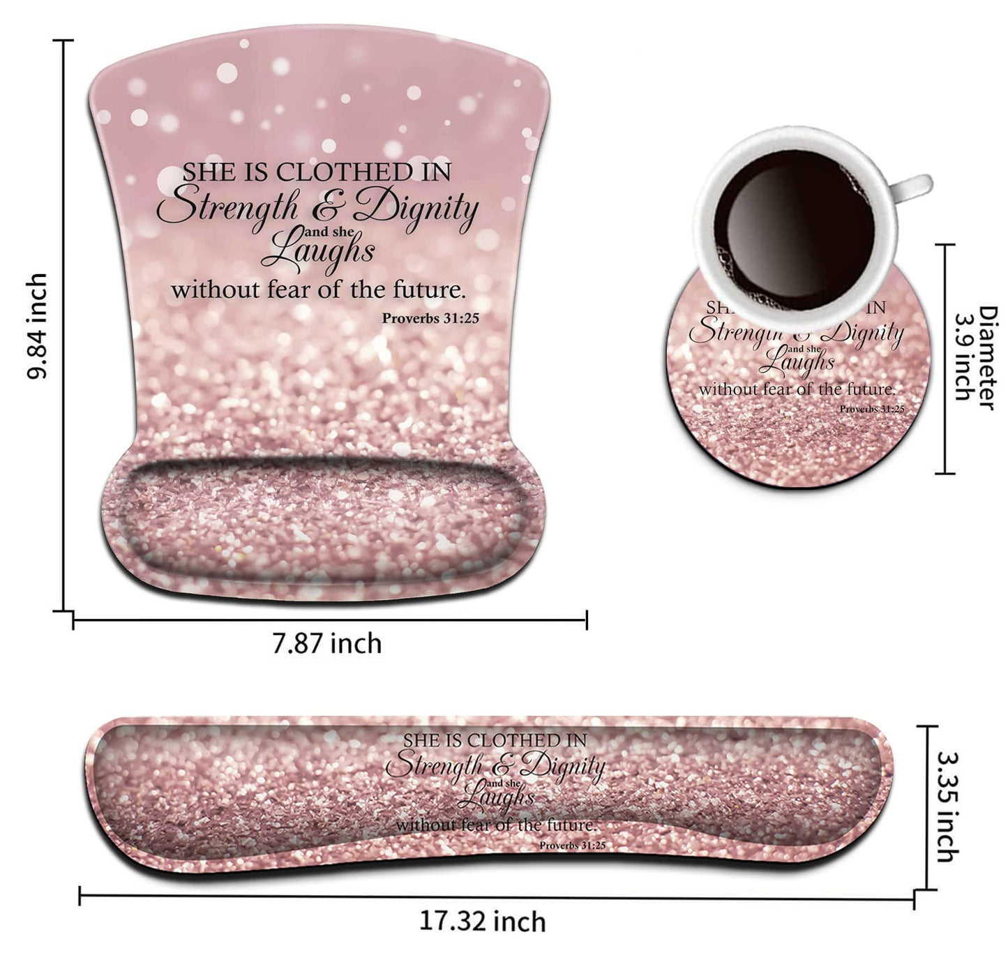 Keyboard Wrist Rest Pad and Ergonomic Mouse Pad Wrist Support Set Proverbs 31:25 Bible Verse Pink
