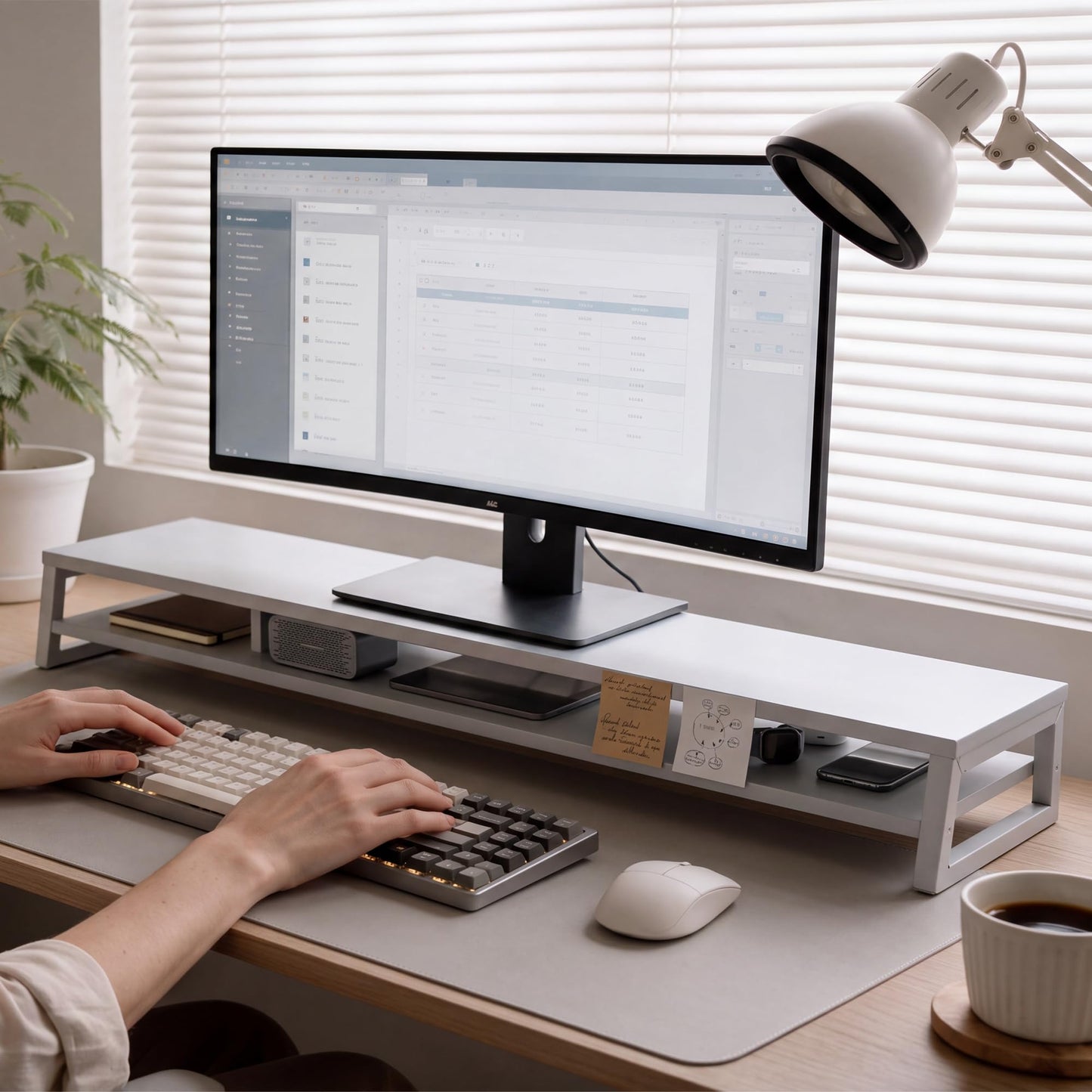 Fenge Dual Monitor Riser for Desk, Open Shelf with 3 Storage Compartments