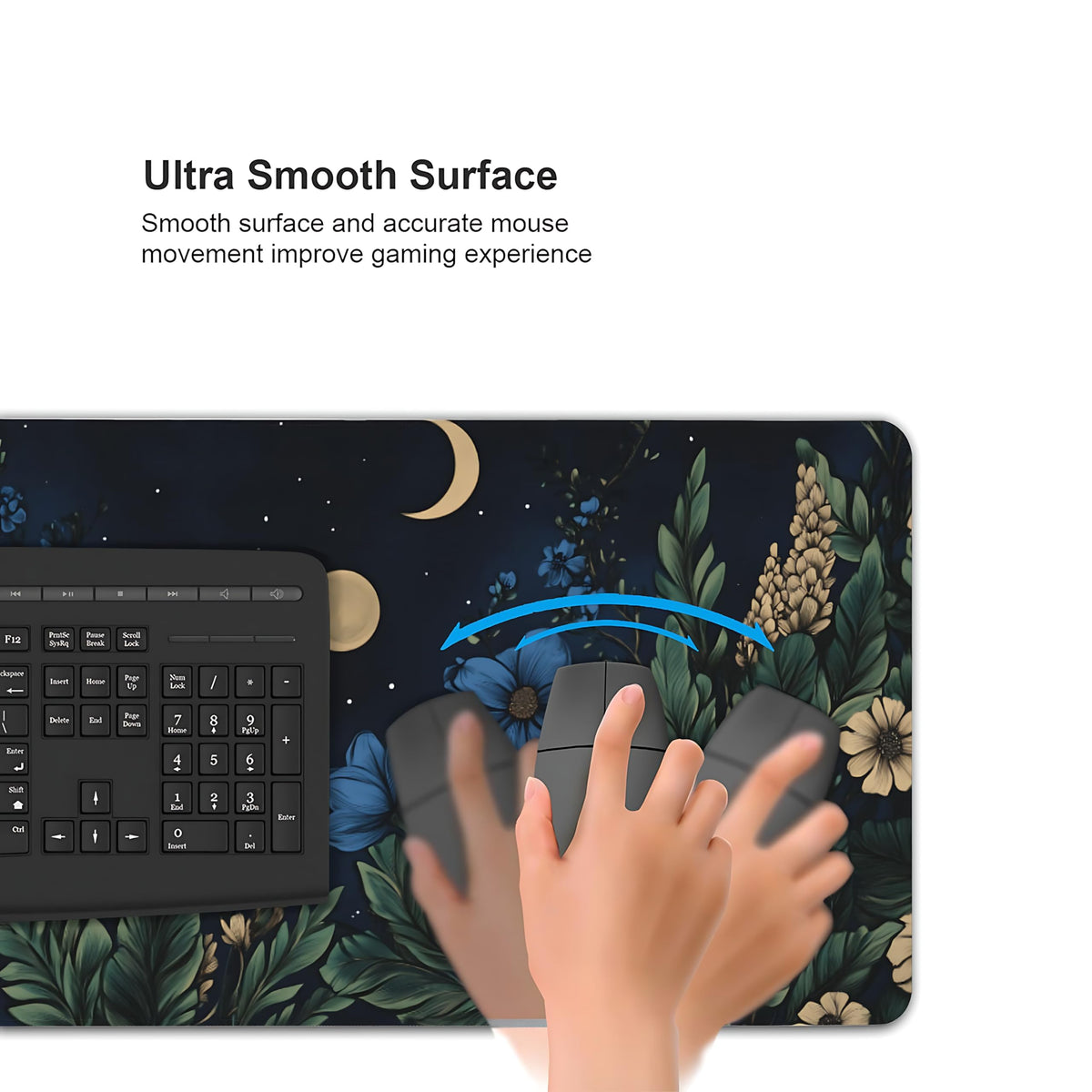 Floral Aesthetic Cosmos Gaming Mouse Pad, Black Blue Vintage Botanical Desk Mat with Anti-Slip Base