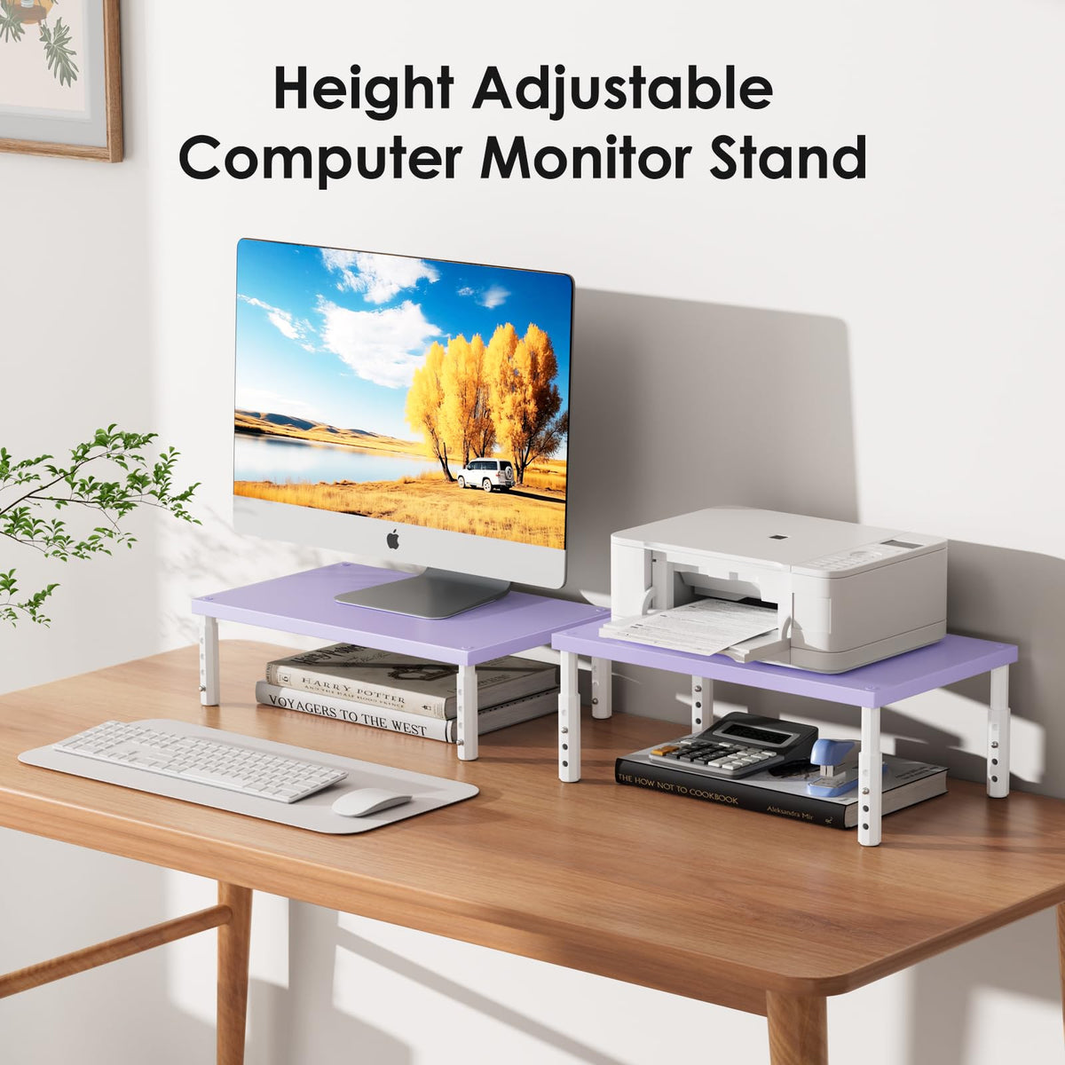 ECOLOVI Adjustable Wood Computer Monitor Stand Riser, Office Desk Organizer and Accessories for