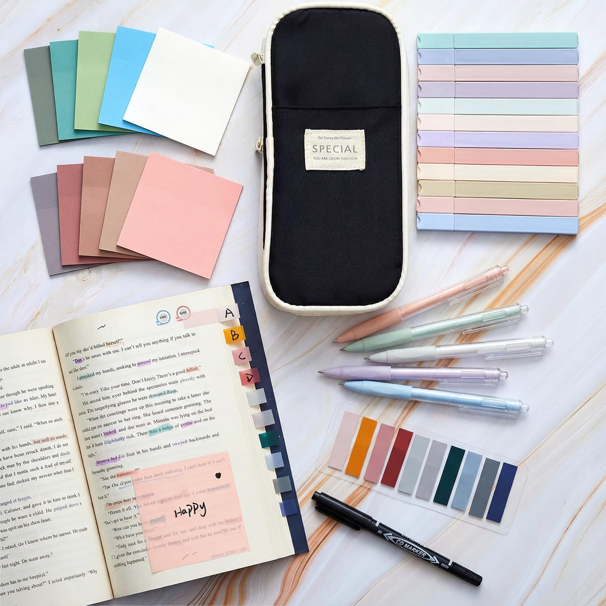Jutom 39 Pcs Aesthetic Book Annotation Kit,Black,Cute Style