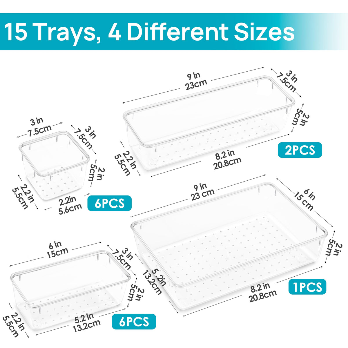Vtopmart 15 PCS Clear Plastic Drawer Organizers Set, Vanity Organizer Trays