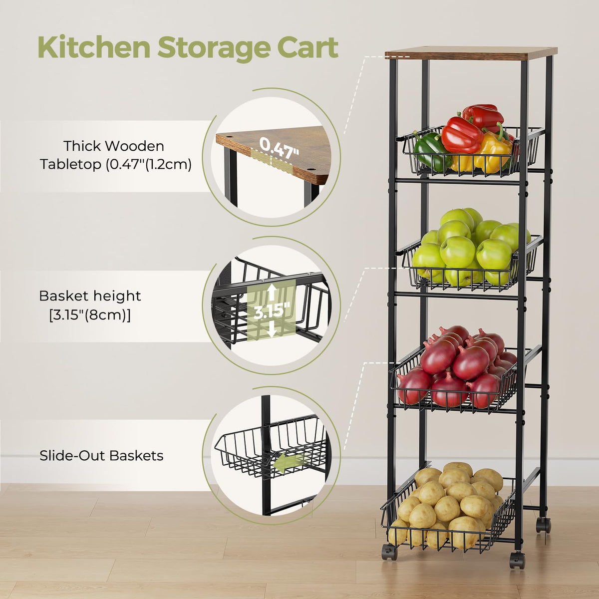 Delamu Fruit Vegetable Basket for Kitchen,5 Tier Storage Cart