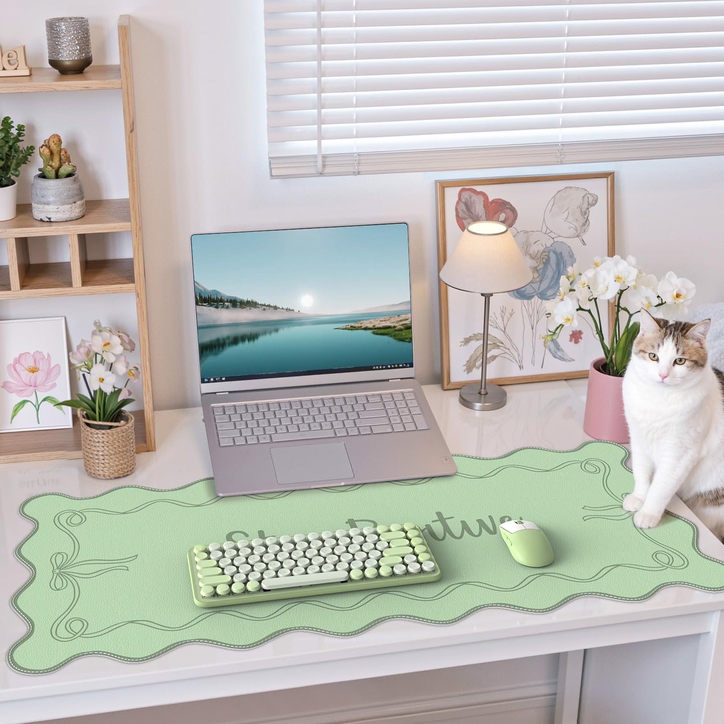 iCasso Green Scalloped Desk Cover Mat, Extra Large Mouse Pad, PU Leather Desk Pad Mat,Waterproof