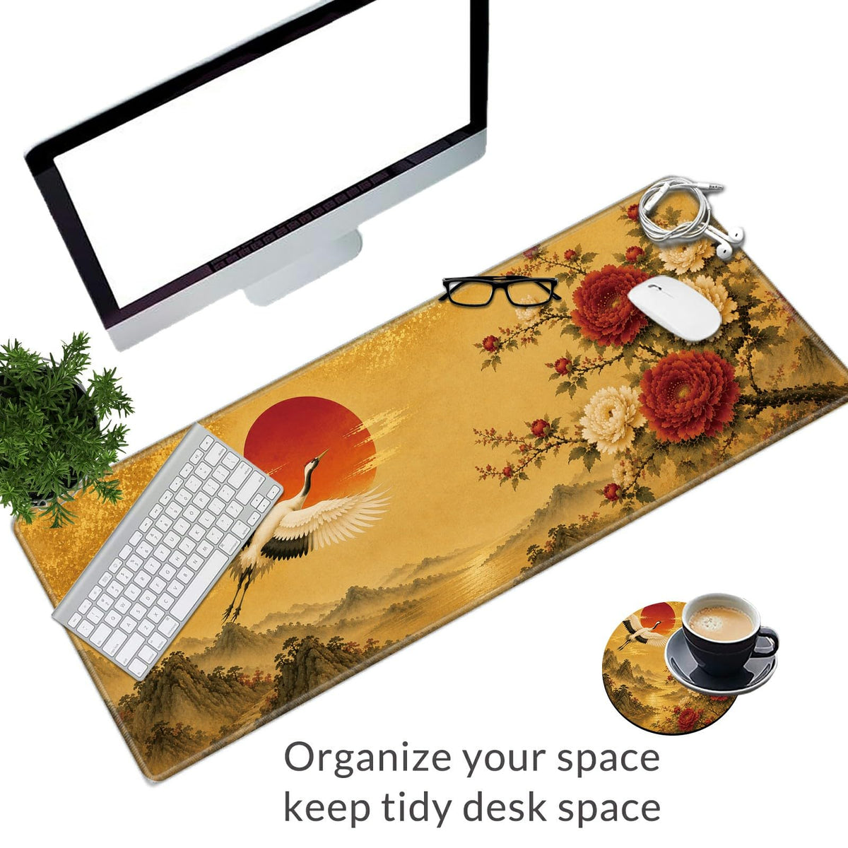Crane Peony Sunrise Large Mouse Pad, 31.5 x 11.8 in Extended Desk Mat