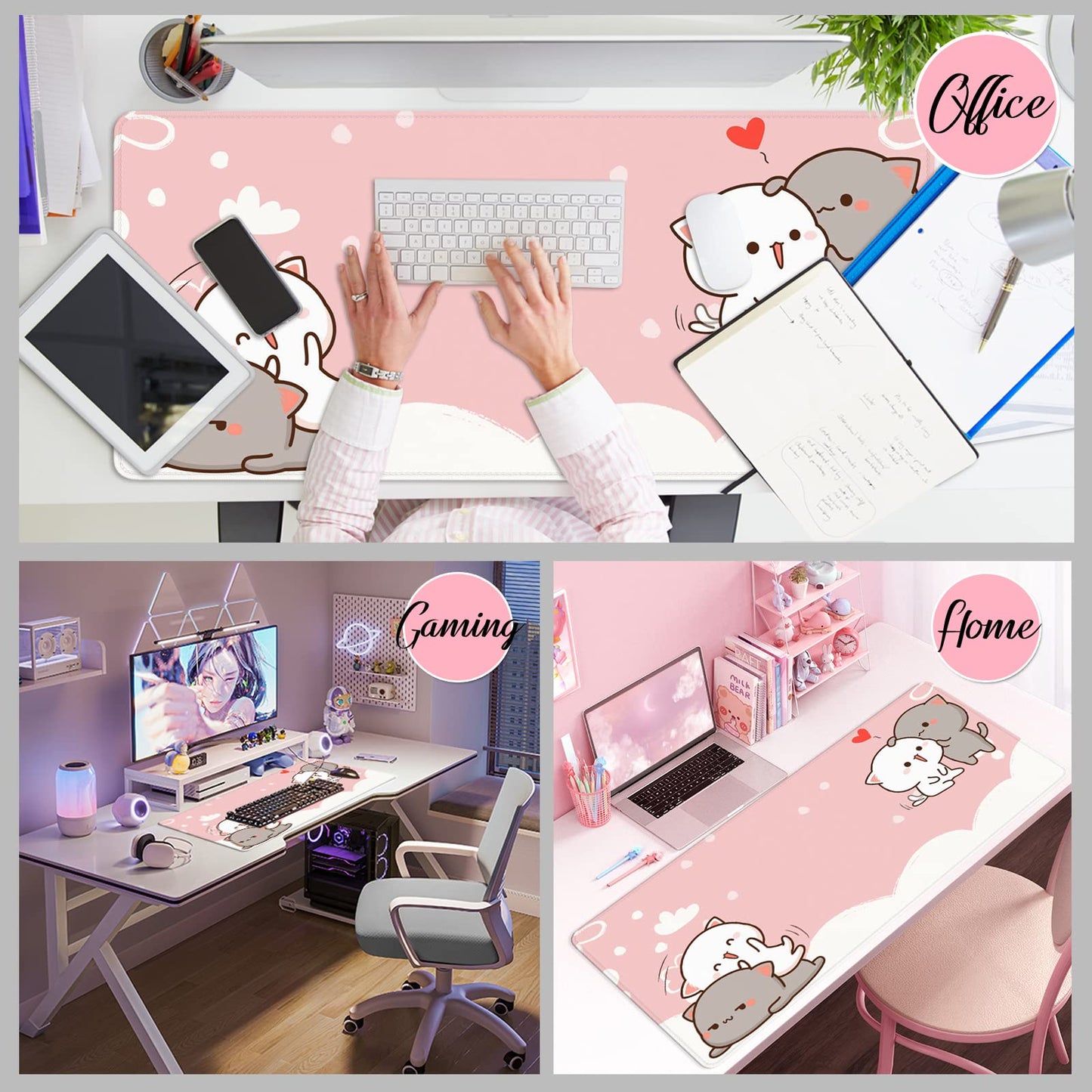 Pink Large Gaming Mouse Pad Cat Desk Mat Cute Mouse Mat 35x15.7x0.12 inch Women Extra Large Desk