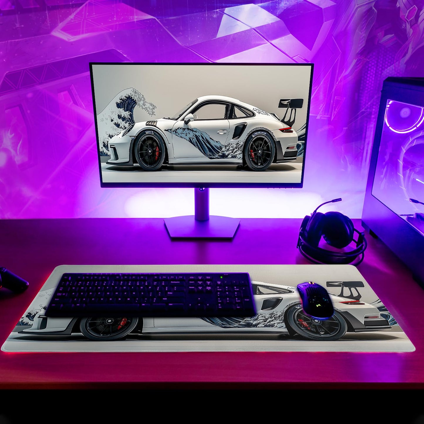 White Ukiyo-e Style Sports Car Large Gaming Mouse Pad Desktop Mat 31.5x11.8 Inch - Non-Slip Rubber
