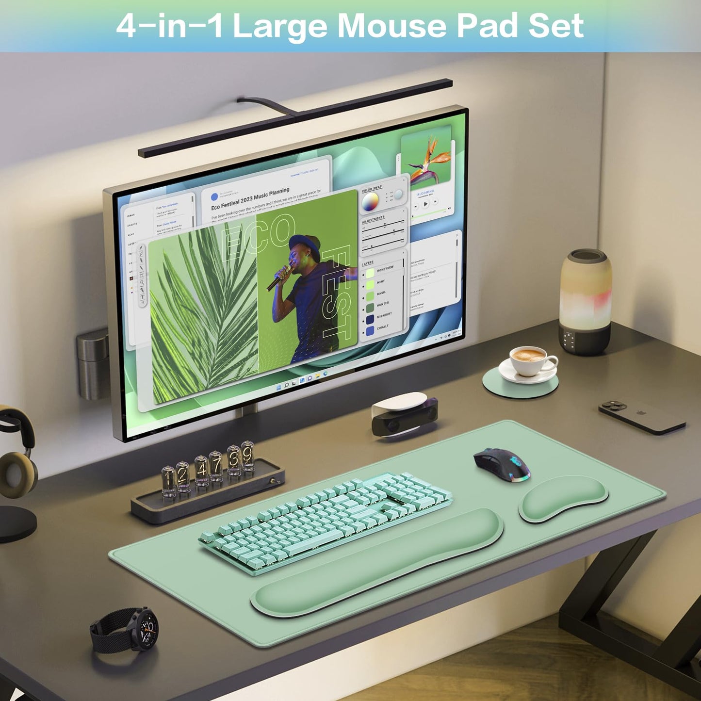 Desk Mat Green, Large Gaming Mouse Pad with Wrist Rest, 4in1 XXL