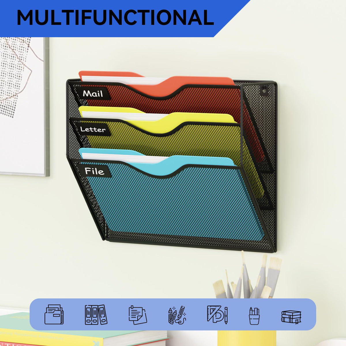 GDINDINFAN 3 Pockets Hanging Wall File Organizer Mail Holder, Wall Mounted Paper Document Folder