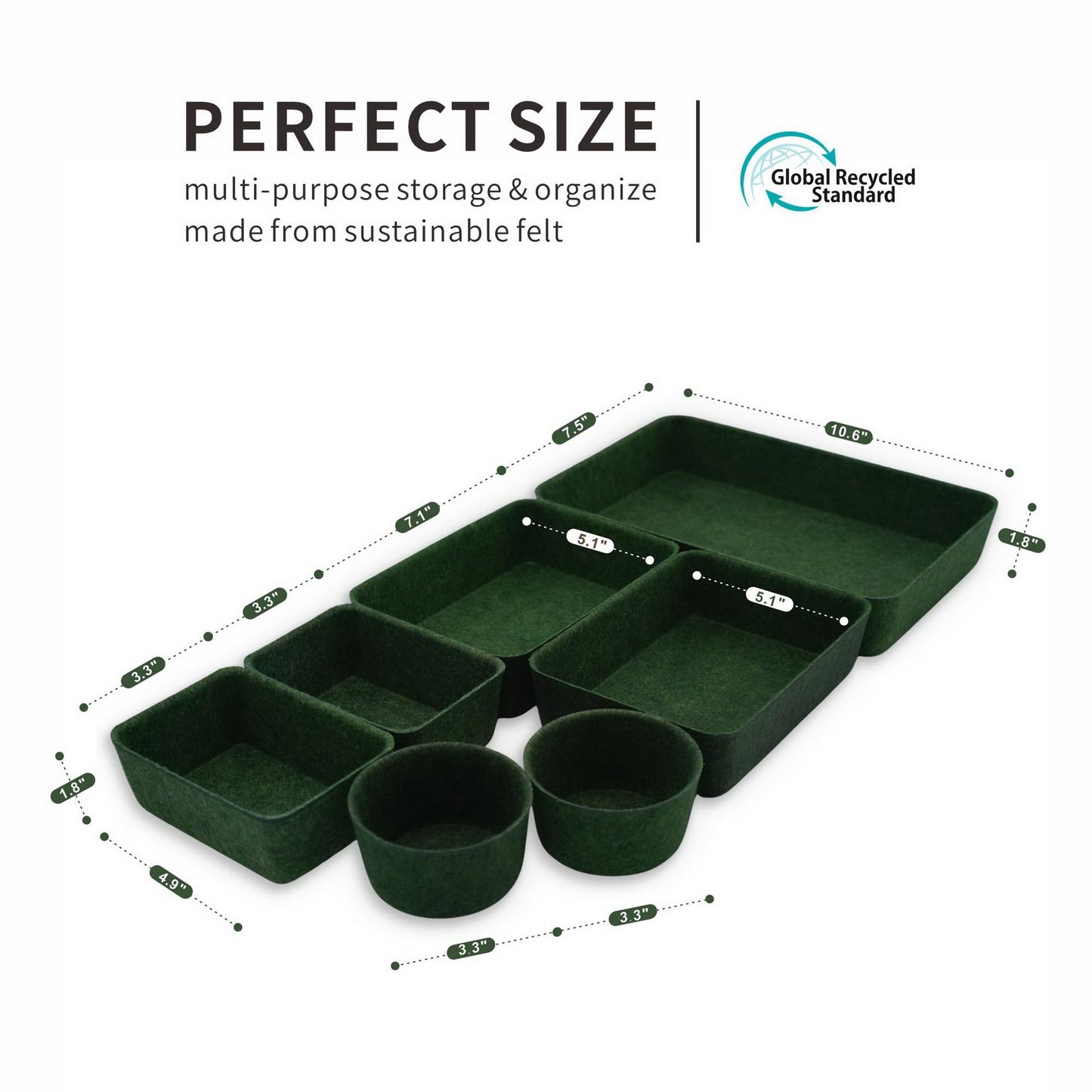 Welaxy Felt Desk Drawer Organizer Tray 7pc Storage Bin Minimal Forest Green