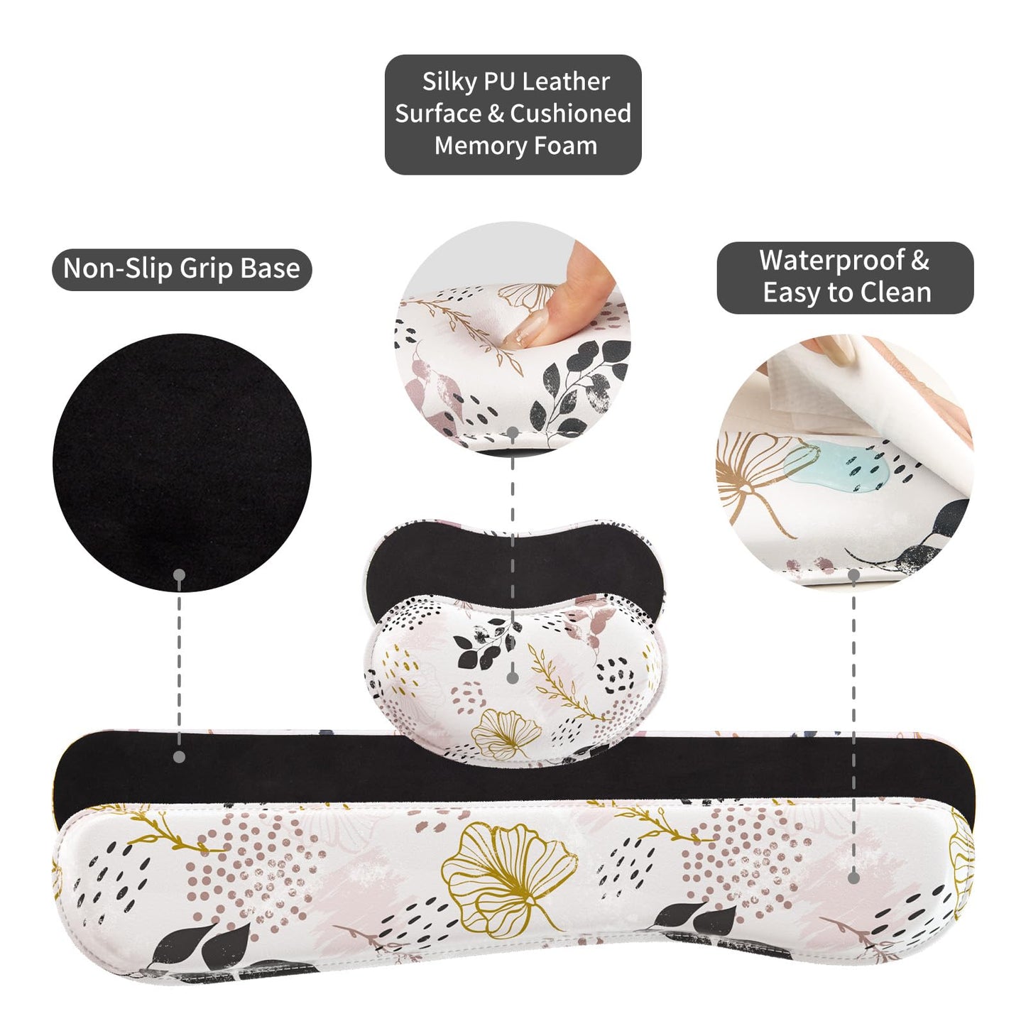 QiyI PU Leather Desk Mat Set, 4-in-1 Ergonomic Wrist Rest, Botanical Leaf
