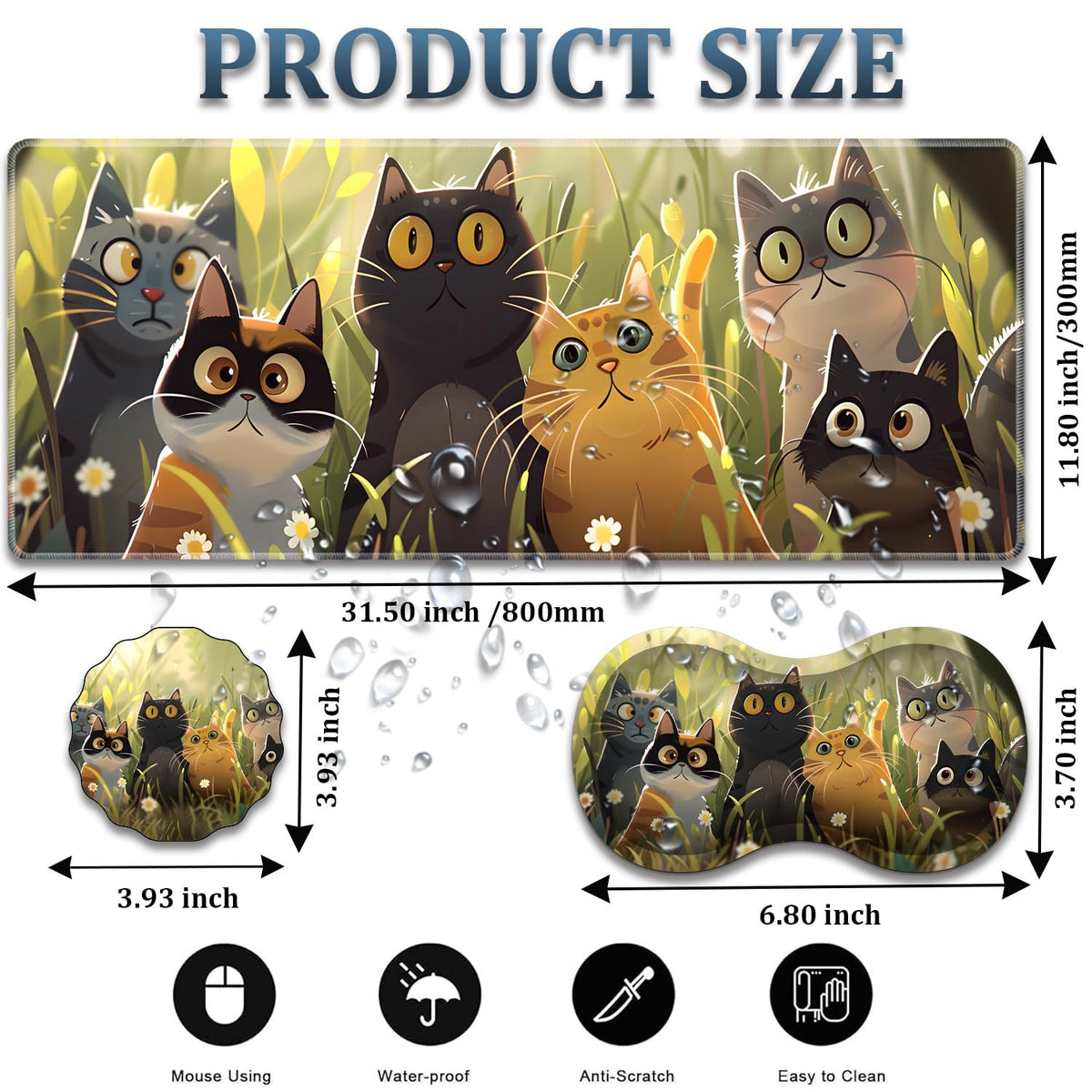 3-Piece Cartoon Cat Mouse Pad Set, Including Wrist Support Pad and Cup Holder, with Waterproof and