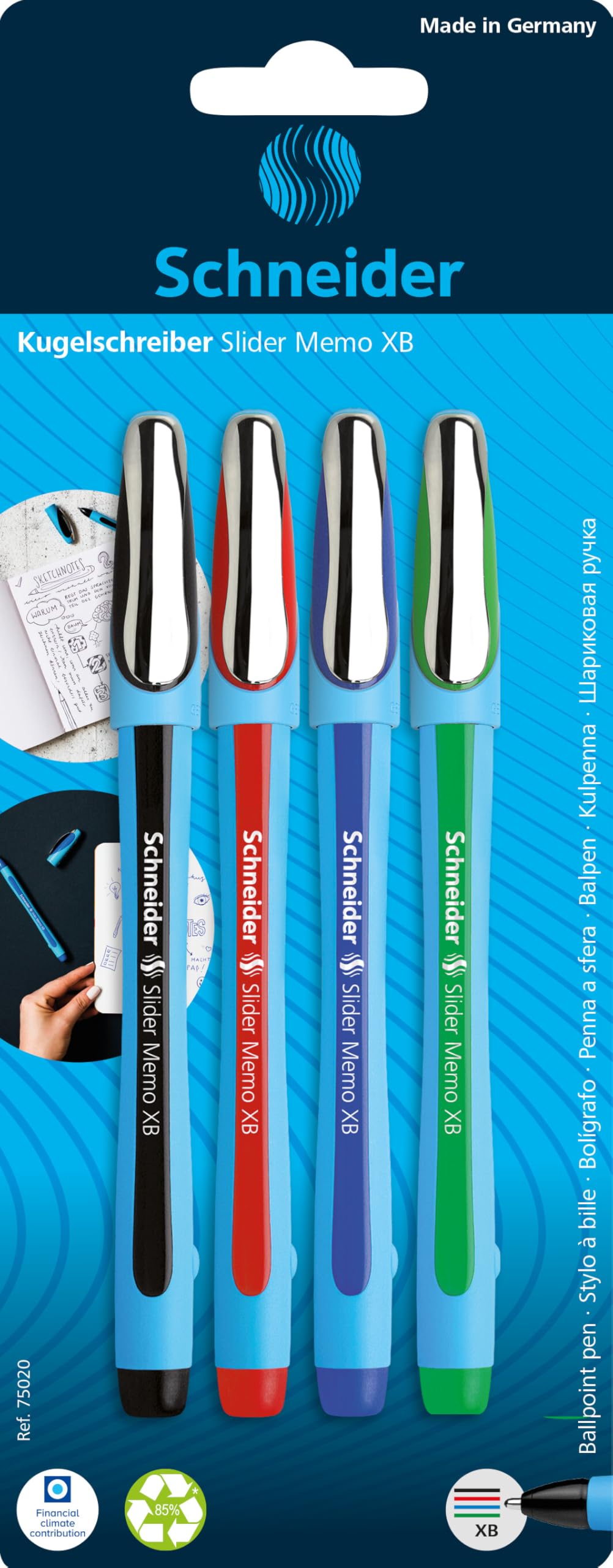 Schneider Schreibgeräte Ballpoint Pen Slider Memo Xb, Blister pack of 4 (Black, Red, Blue, Green)